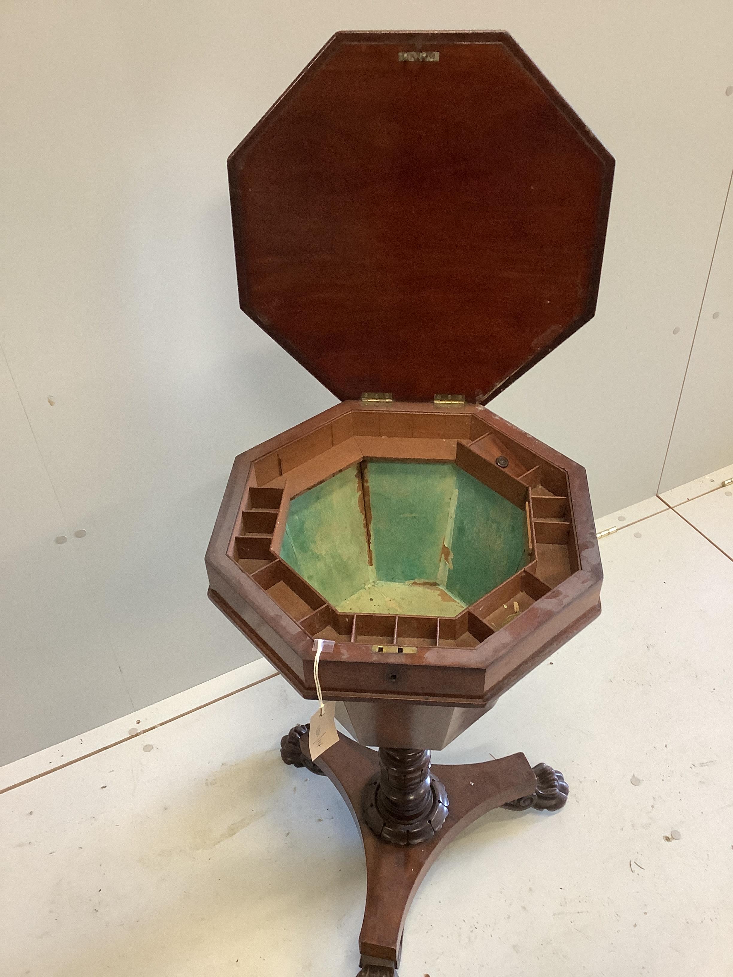 An early Victorian octagonal mahogany trumpet work table, width 42cm, height 74cm